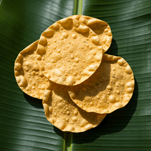 Golden sun-dried papads on vibrant green banana leaves